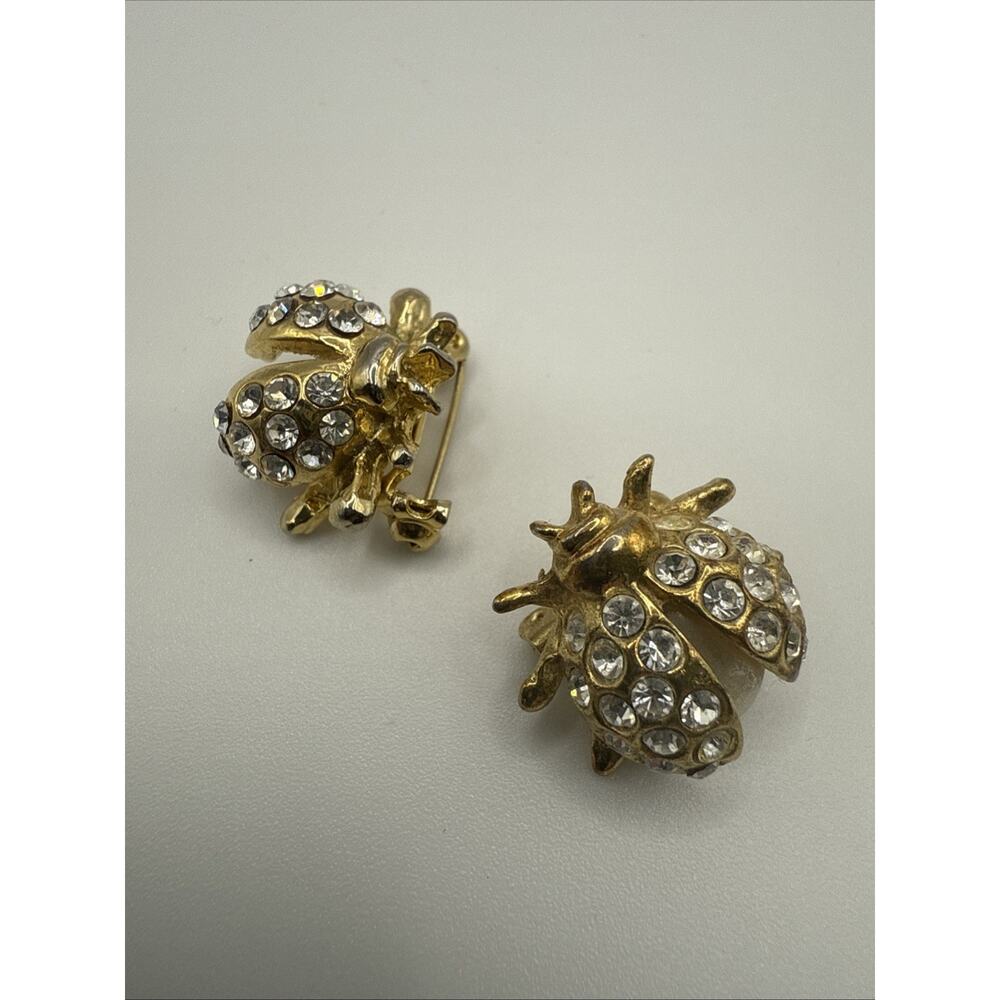 Two Ladybug Scatter Pins LOOK READ Gold Tone Rhinestone One Pearl Stone Missing